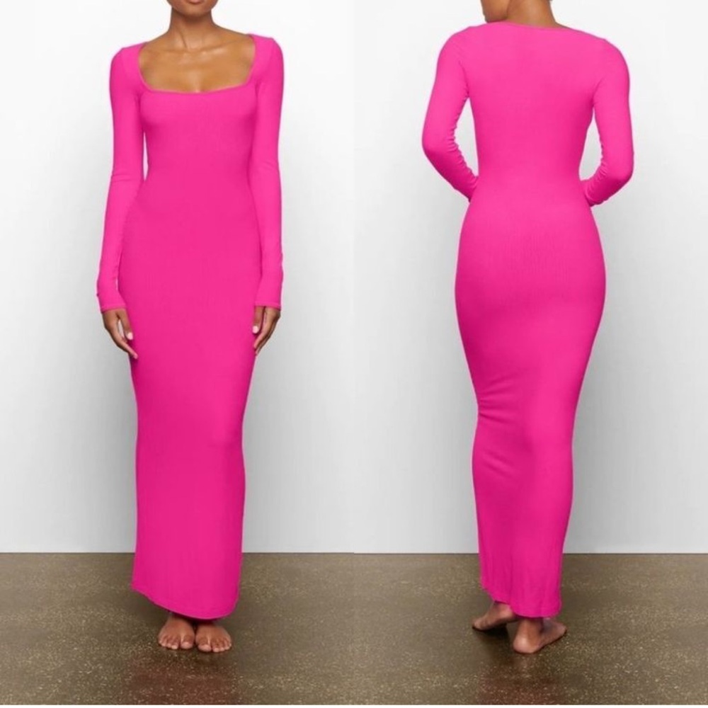 SKIMS HOT PINK SOFT LOUNGE RIBBED LONG SLEEVE SQUARE NECK MERMAID MAXI DRESS